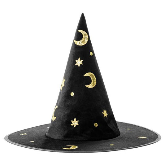 Cappello da strega nero e decorazioni oro